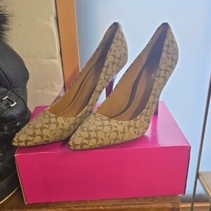 Coach Tan Signature Logo Pointed Toe Heels